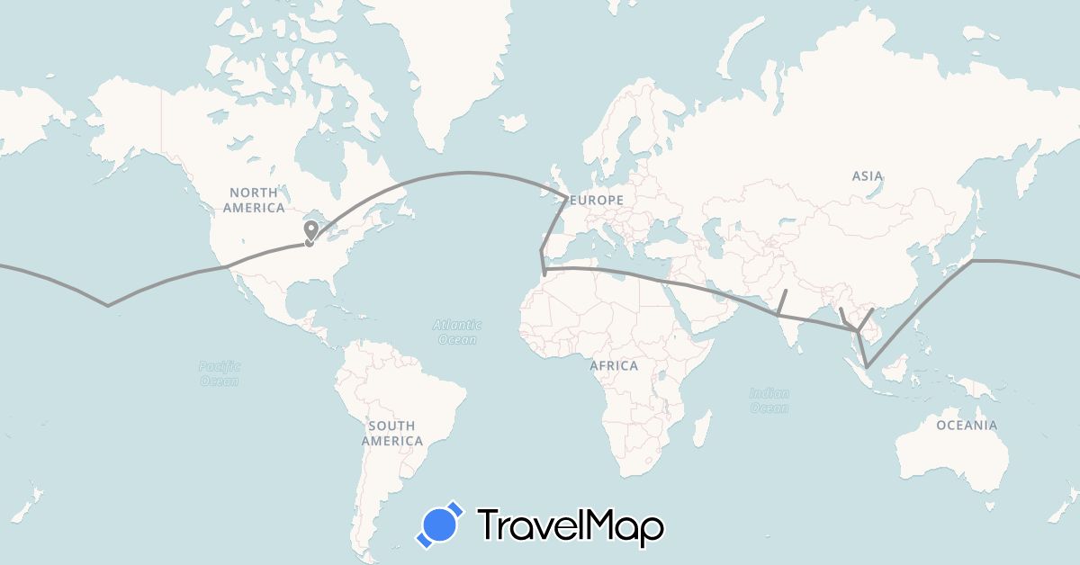 TravelMap itinerary: driving, plane in Egypt, United Kingdom, India, Japan, Morocco, Myanmar (Burma), Portugal, Singapore, Thailand, United States, Vietnam (Africa, Asia, Europe, North America)